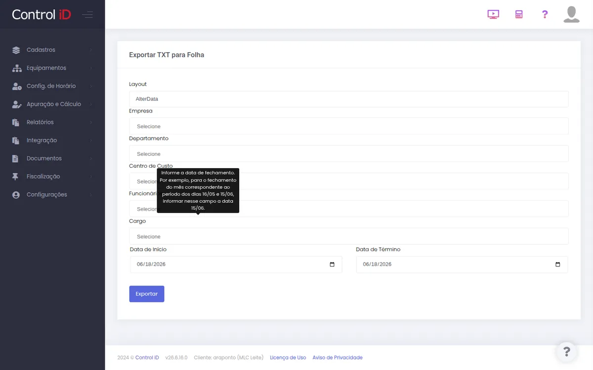 Exportação de TXT para a folha de pagamento no RHiD, layout Alterdata